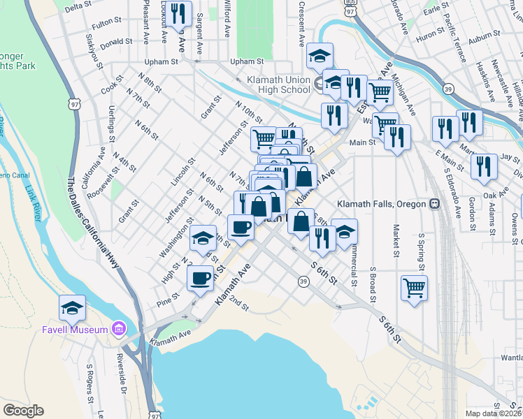 map of restaurants, bars, coffee shops, grocery stores, and more near 621 Main Street in Klamath Falls