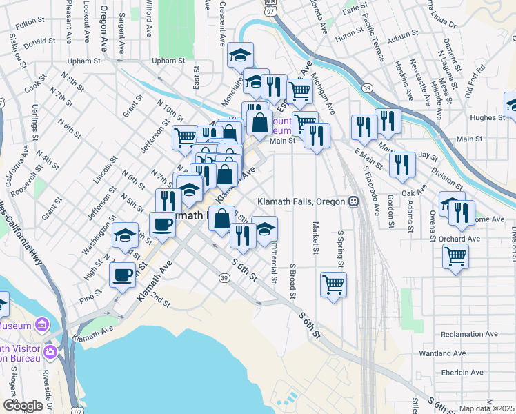 map of restaurants, bars, coffee shops, grocery stores, and more near 898 Oak Avenue in Klamath Falls