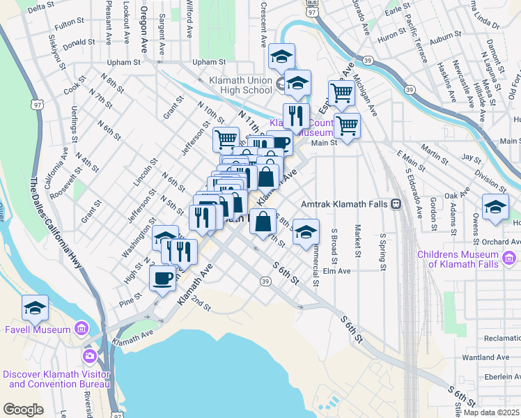 map of restaurants, bars, coffee shops, grocery stores, and more near 700 Klamath Avenue in Klamath Falls