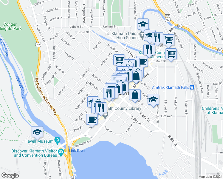 map of restaurants, bars, coffee shops, grocery stores, and more near 199 North 6th Street in Klamath Falls