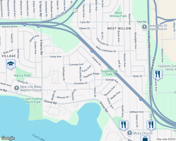 map of restaurants, bars, coffee shops, grocery stores, and more near 1756 Lynn Avenue in Ypsilanti