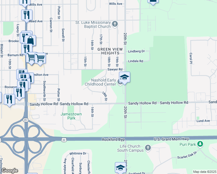 map of restaurants, bars, coffee shops, grocery stores, and more near 3318 Nashold Drive in Rockford