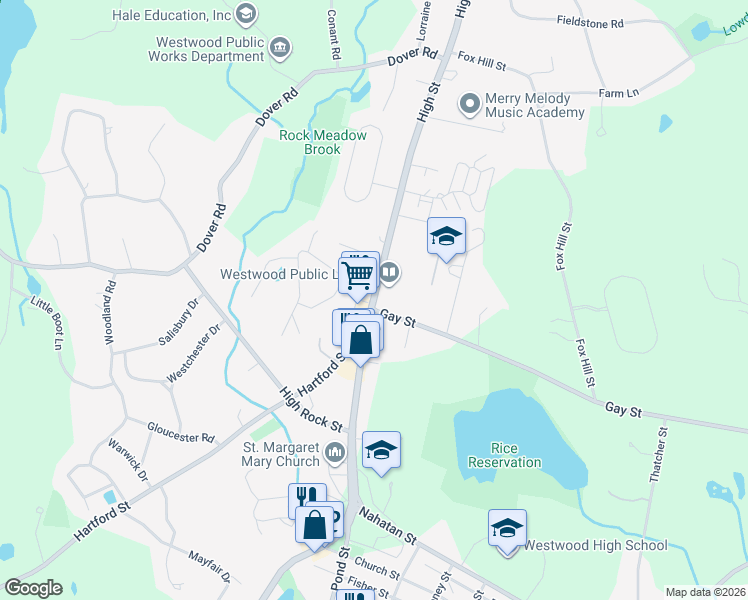 map of restaurants, bars, coffee shops, grocery stores, and more near 677 High Street in Westwood