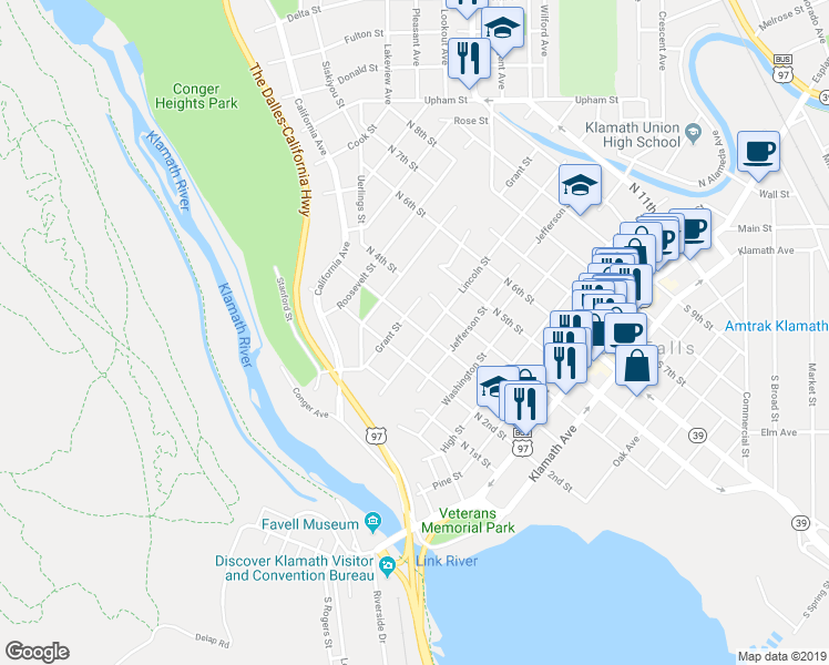 map of restaurants, bars, coffee shops, grocery stores, and more near 223 Lincoln Street in Klamath Falls