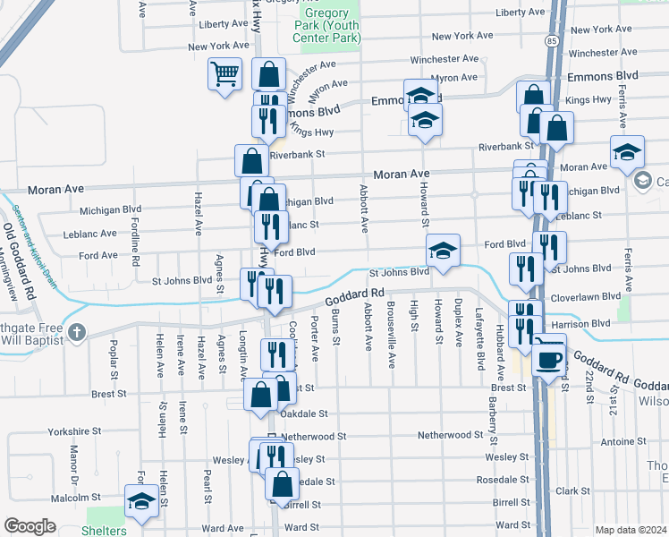 map of restaurants, bars, coffee shops, grocery stores, and more near 1779 Saint Johns Boulevard in Lincoln Park