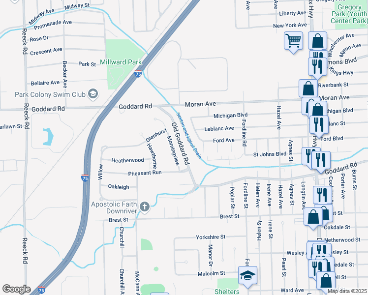 map of restaurants, bars, coffee shops, grocery stores, and more near 11365 Morningview in Southgate