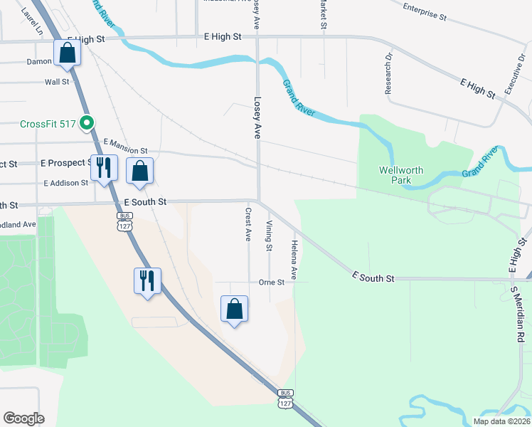 map of restaurants, bars, coffee shops, grocery stores, and more near 1219 East South Street in Jackson
