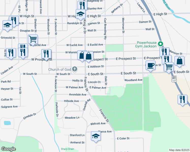 map of restaurants, bars, coffee shops, grocery stores, and more near 2115 Sunnyside Court in Jackson