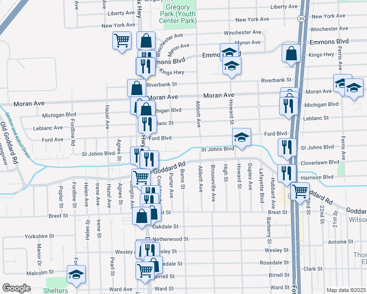 map of restaurants, bars, coffee shops, grocery stores, and more near 1779 Saint Johns Boulevard in Lincoln Park