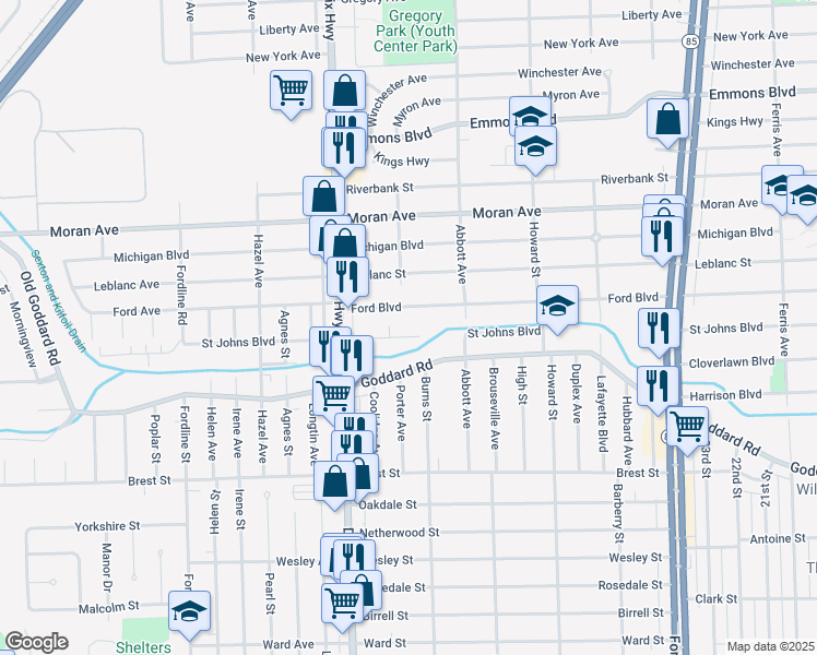 map of restaurants, bars, coffee shops, grocery stores, and more near 1779 Saint Johns Boulevard in Lincoln Park