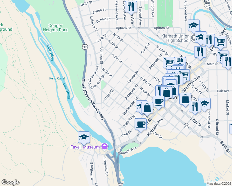 map of restaurants, bars, coffee shops, grocery stores, and more near 223 Lincoln Street in Klamath Falls