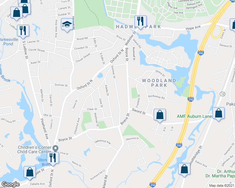 map of restaurants, bars, coffee shops, grocery stores, and more near 44 Sumner Street in Auburn