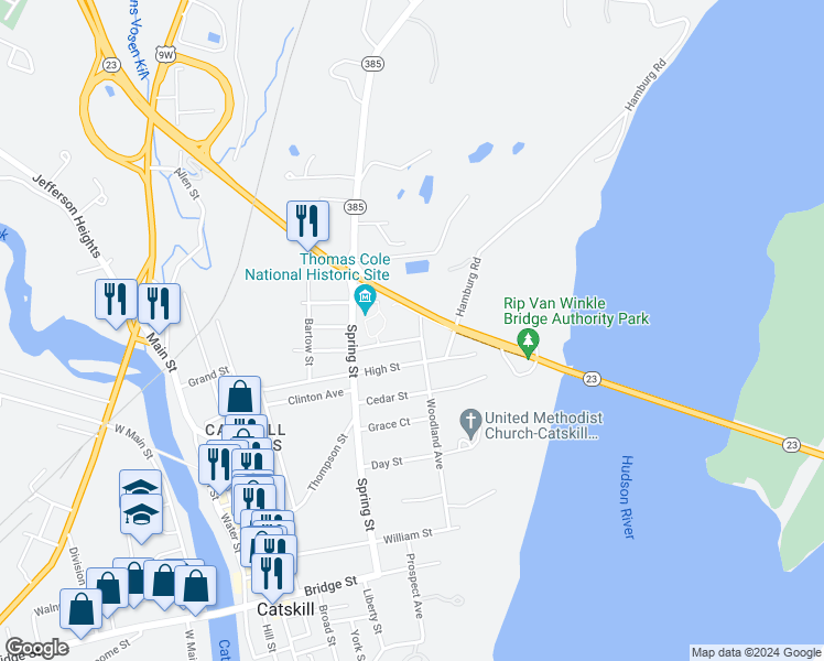 map of restaurants, bars, coffee shops, grocery stores, and more near 111 Woodland Avenue in Catskill