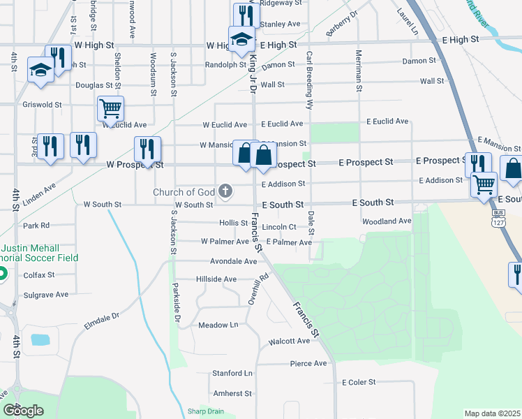 map of restaurants, bars, coffee shops, grocery stores, and more near 1307 Francis Street in Jackson
