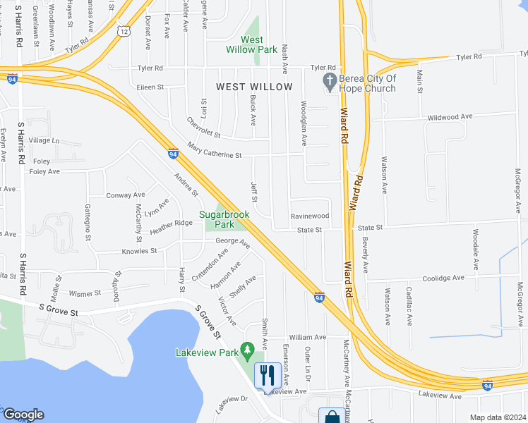 map of restaurants, bars, coffee shops, grocery stores, and more near 1461 Jeff Street in Ypsilanti