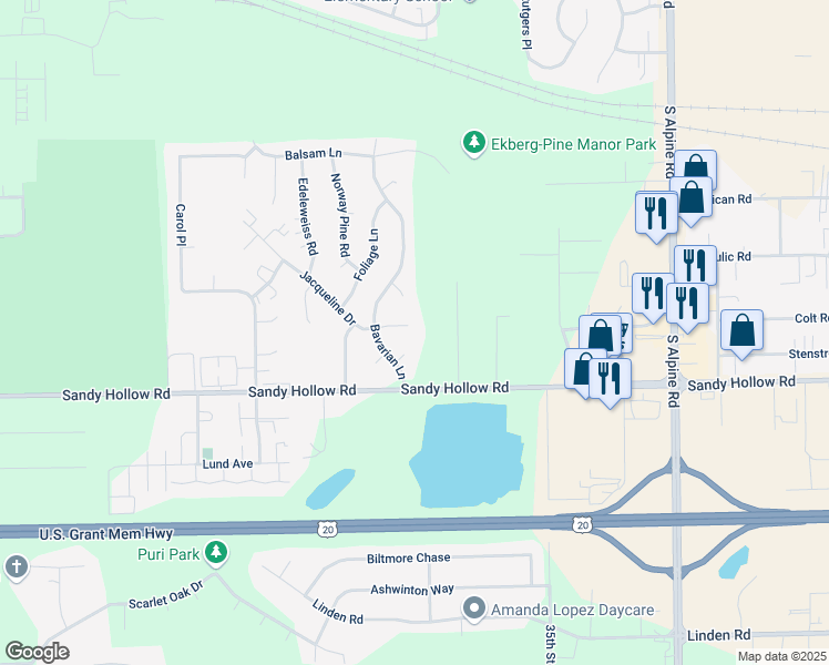 map of restaurants, bars, coffee shops, grocery stores, and more near 3611 Jacqueline Drive in Rockford