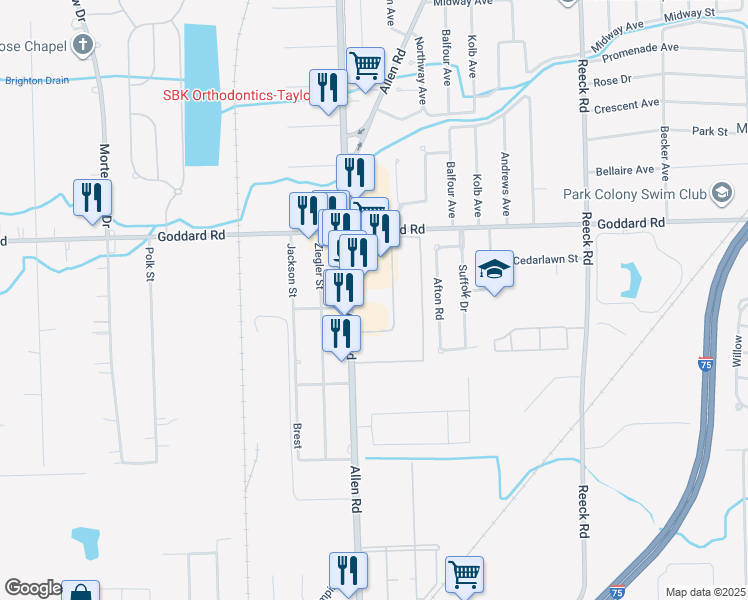 map of restaurants, bars, coffee shops, grocery stores, and more near 11255 Allen Road in Southgate