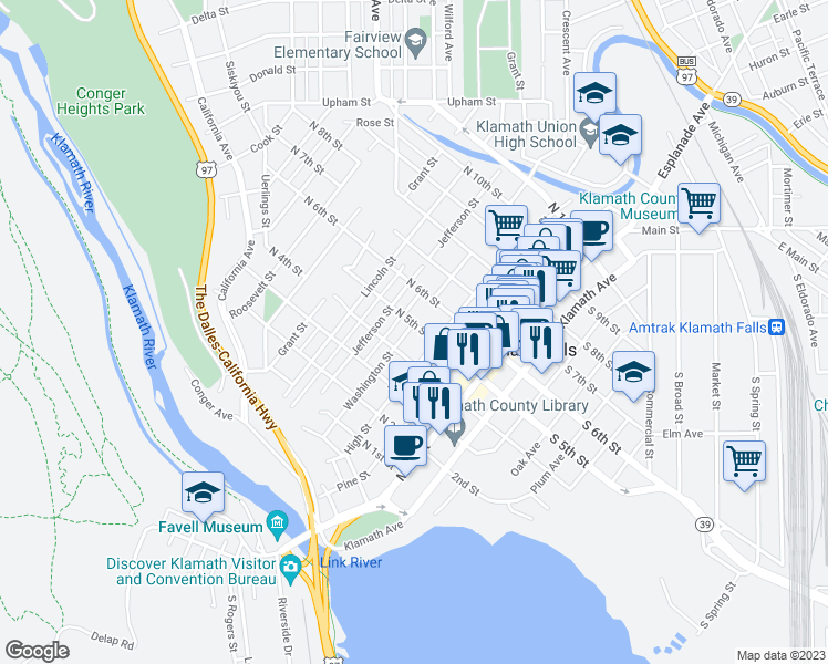 map of restaurants, bars, coffee shops, grocery stores, and more near 438 Washington Street in Klamath Falls