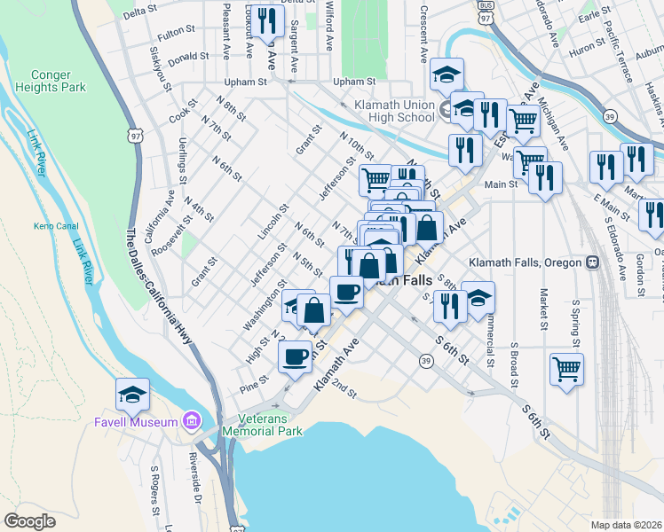 map of restaurants, bars, coffee shops, grocery stores, and more near 524 High Street in Klamath Falls