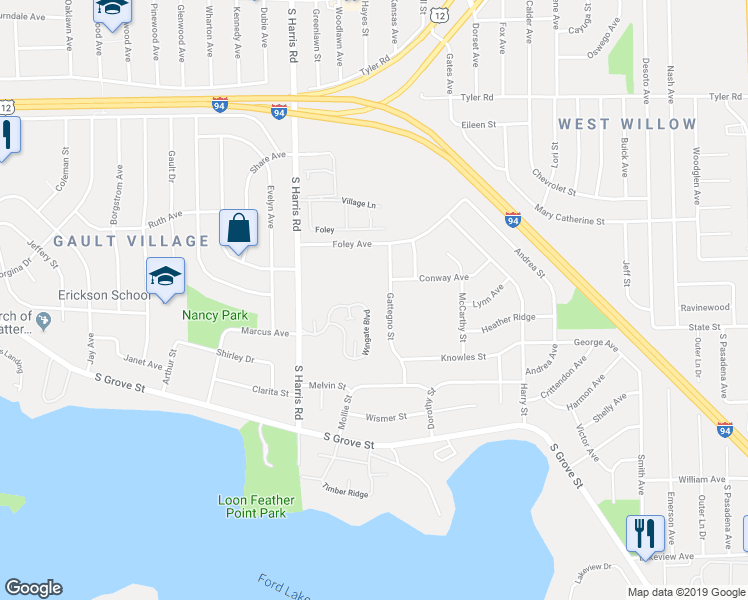 map of restaurants, bars, coffee shops, grocery stores, and more near 1537 Wingate Boulevard in Ypsilanti