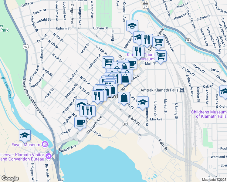 map of restaurants, bars, coffee shops, grocery stores, and more near in Klamath Falls
