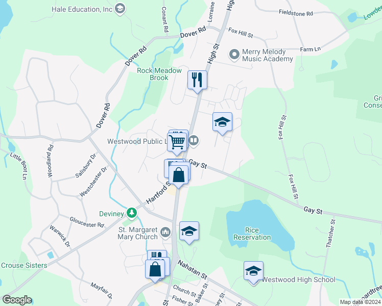 map of restaurants, bars, coffee shops, grocery stores, and more near 668 High Street in Westwood