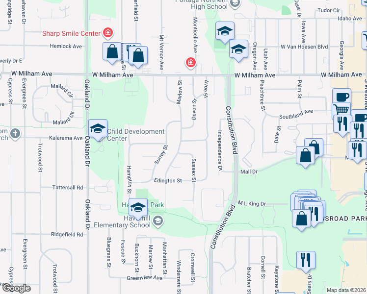 map of restaurants, bars, coffee shops, grocery stores, and more near 1318 Sussex Street in Portage