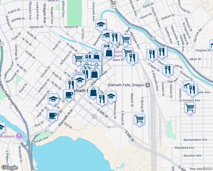 map of restaurants, bars, coffee shops, grocery stores, and more near 323 South 9th Street in Klamath Falls