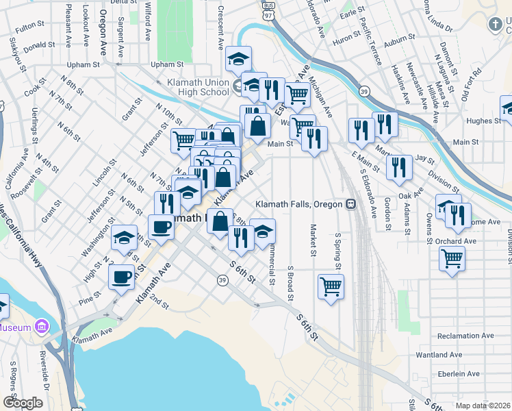 map of restaurants, bars, coffee shops, grocery stores, and more near 327 South 9th Street in Klamath Falls