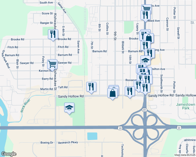 map of restaurants, bars, coffee shops, grocery stores, and more near 3245 8th Street in Rockford