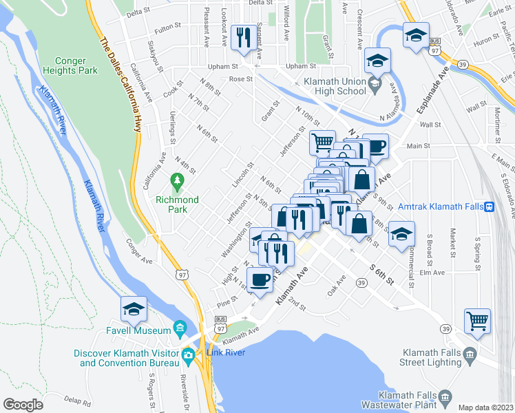 map of restaurants, bars, coffee shops, grocery stores, and more near 431 Washington Street in Klamath Falls