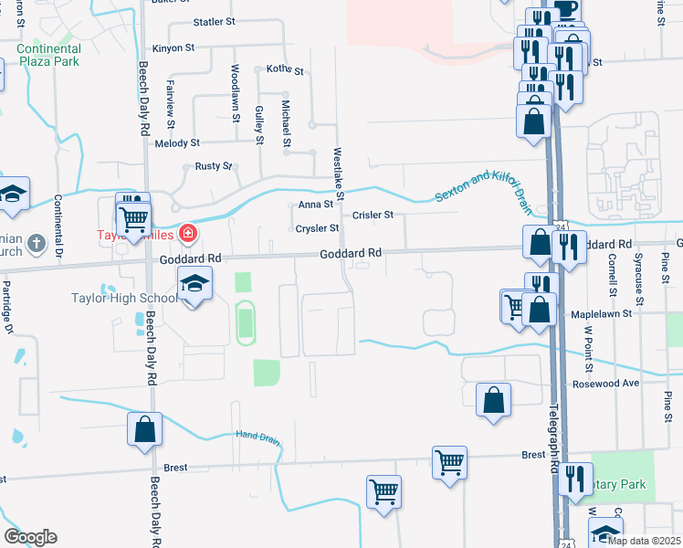 map of restaurants, bars, coffee shops, grocery stores, and more near Brydan Drive in Taylor