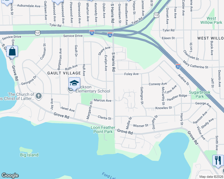 map of restaurants, bars, coffee shops, grocery stores, and more near 1414 South Harris Road in Ypsilanti