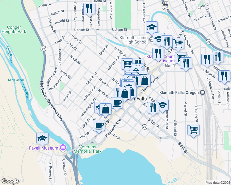 map of restaurants, bars, coffee shops, grocery stores, and more near North 6th Street in Klamath Falls