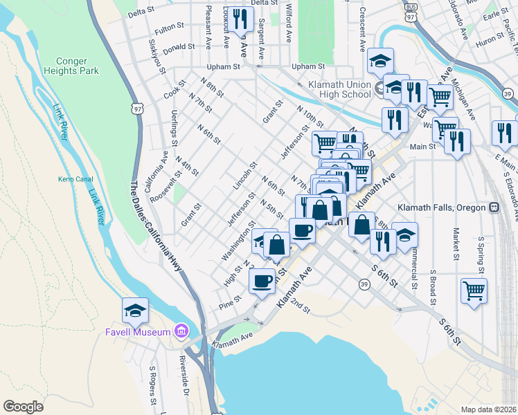 map of restaurants, bars, coffee shops, grocery stores, and more near 404 Washington Street in Klamath Falls