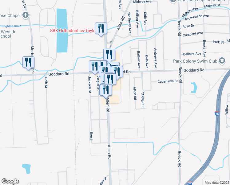 map of restaurants, bars, coffee shops, grocery stores, and more near 11275 Allen Road in Southgate