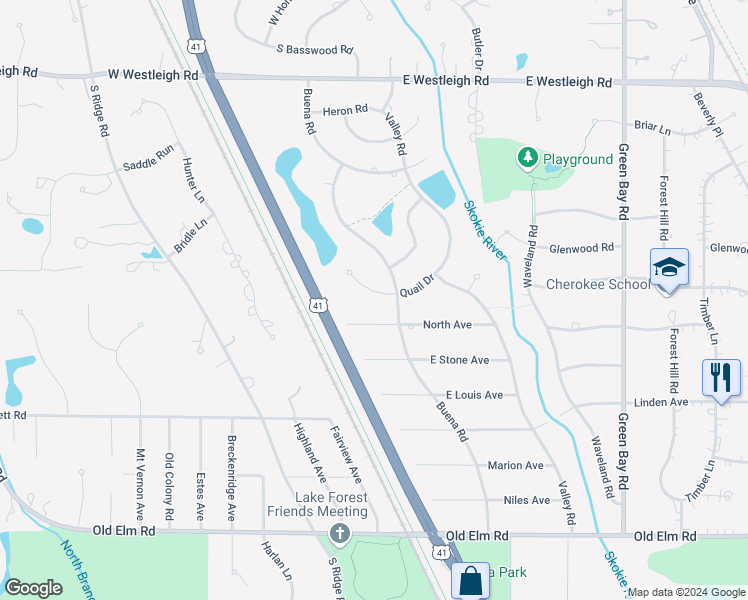 map of restaurants, bars, coffee shops, grocery stores, and more near 37 Quail Drive in Lake Forest