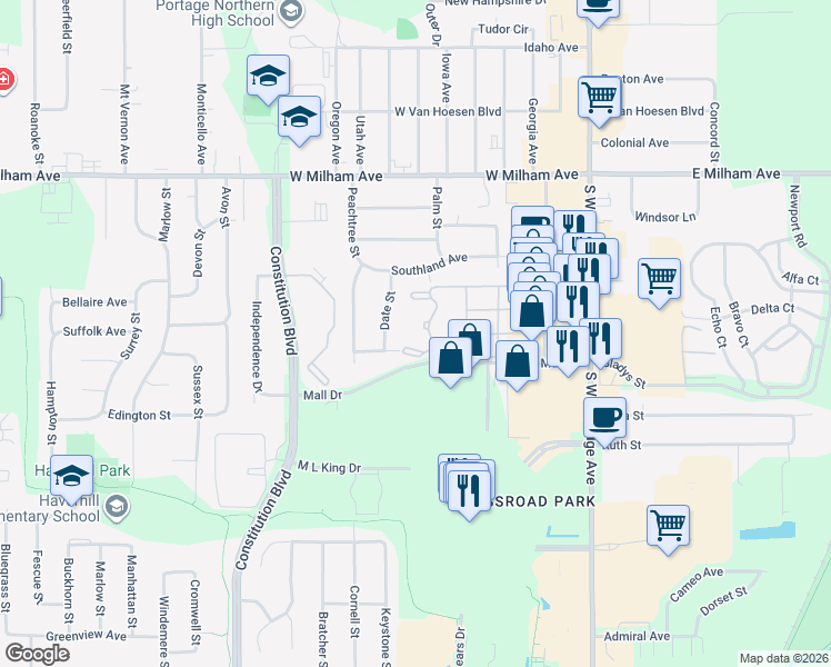 map of restaurants, bars, coffee shops, grocery stores, and more near 610 Mall Drive in Portage