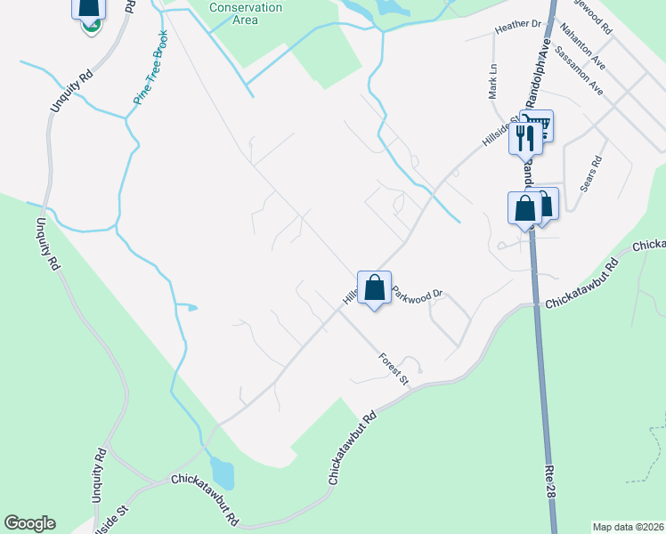 map of restaurants, bars, coffee shops, grocery stores, and more near 267 Hillside Street in Milton