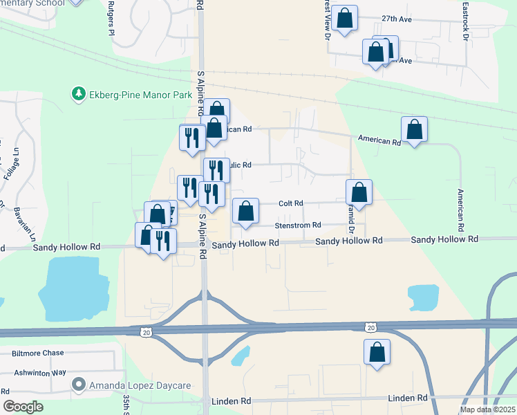 map of restaurants, bars, coffee shops, grocery stores, and more near 4670 Stenstrom Road in Rockford