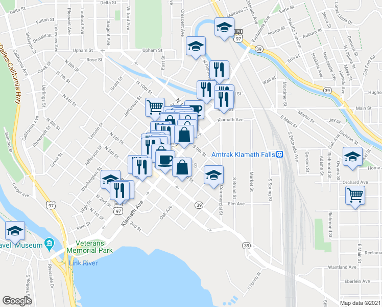 map of restaurants, bars, coffee shops, grocery stores, and more near 823 Walnut Avenue in Klamath Falls