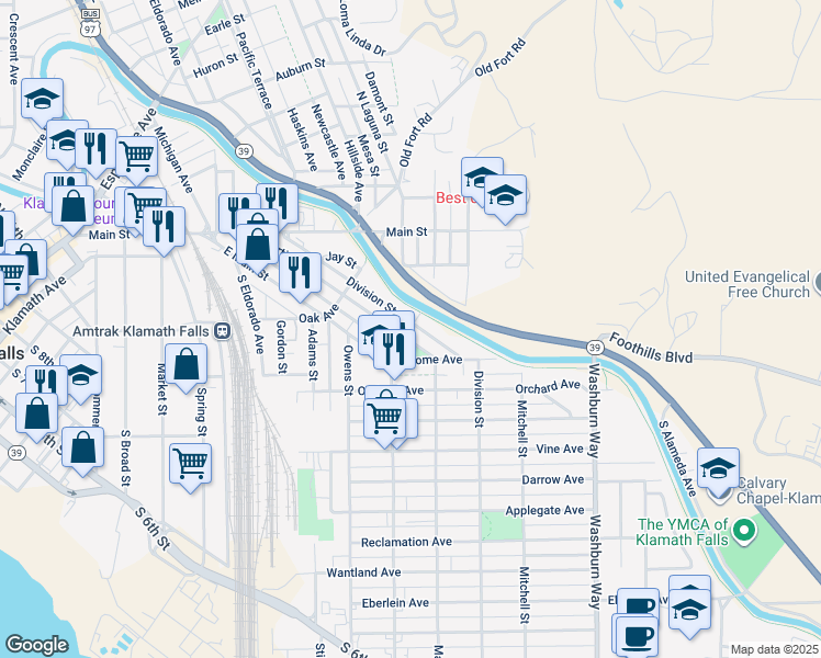 map of restaurants, bars, coffee shops, grocery stores, and more near 2213 Stukel Street in Klamath Falls