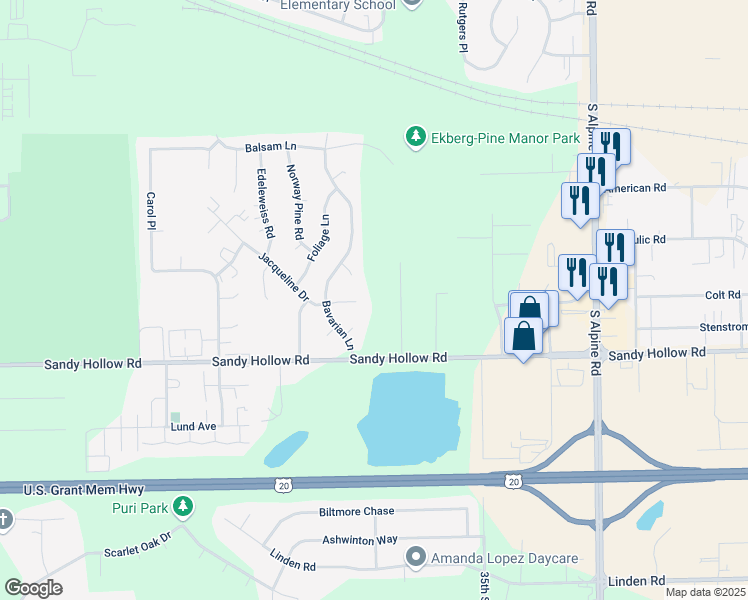map of restaurants, bars, coffee shops, grocery stores, and more near 3611 Jacqueline Drive in Rockford