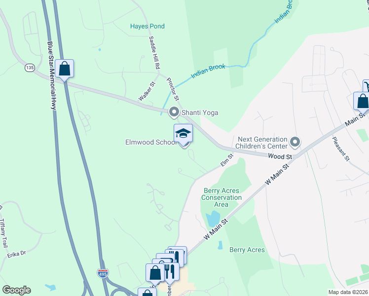 map of restaurants, bars, coffee shops, grocery stores, and more near 14 Elm Street in Hopkinton