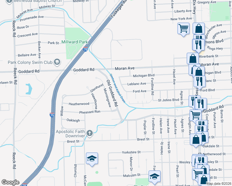 map of restaurants, bars, coffee shops, grocery stores, and more near 11355 Old Goddard Road in Allen Park