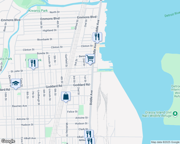 map of restaurants, bars, coffee shops, grocery stores, and more near 89 Perry Place in Wyandotte