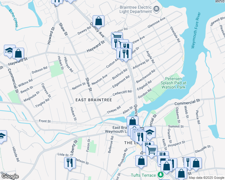 map of restaurants, bars, coffee shops, grocery stores, and more near 65 Cedarcliff Road in Braintree