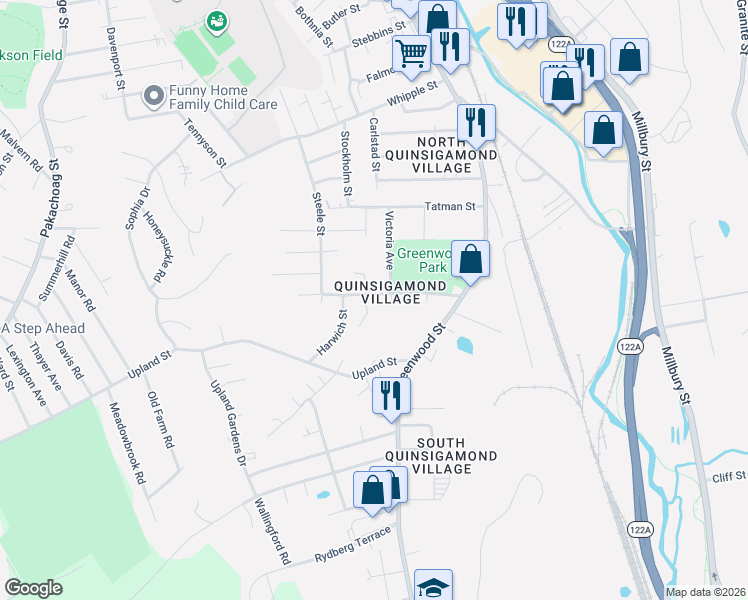 map of restaurants, bars, coffee shops, grocery stores, and more near 27 Forsberg Street in Worcester