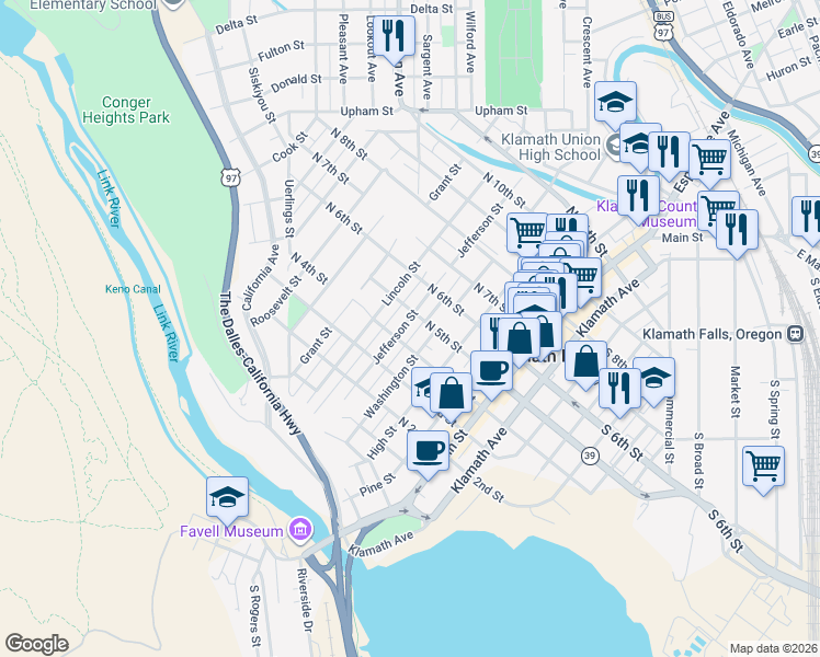 map of restaurants, bars, coffee shops, grocery stores, and more near 420 Jefferson Street in Klamath Falls