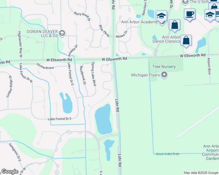 map of restaurants, bars, coffee shops, grocery stores, and more near 4250 Boulder Pond Drive in Ann Arbor